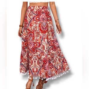 Breezaya Paisley Print Fringe Hem Skirt